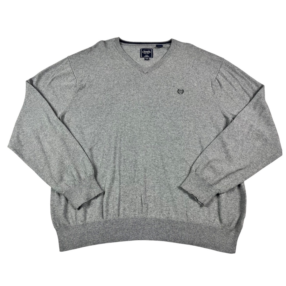 Chaps Mens XXL 2XL Cotton Cashmere V-Neck Sweater Grandpa Minimalist Grey EUC